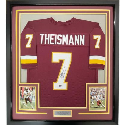 Framed Burgundy Football Jersey with Theismann 7 autograph and photos on display