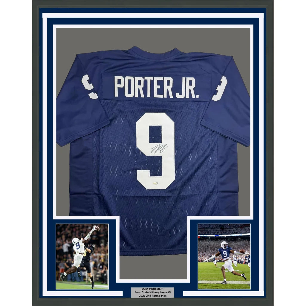 Framed Autographed Joey Porter Jr. 35x39 Penn State Blue College Football Jersey Beckett BAS COA | Hall of Fame Sports Memorabilia | vintageantiquesgifts.com