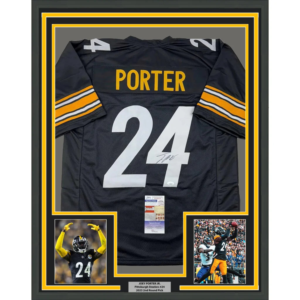 Professionally framed Pittsburgh black football jersey autographed by Joey Porter Jr with photos