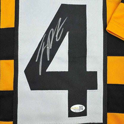 Framed Autographed Joey Porter Jr. 35x39 Pittsburgh Bumble Bee Football Jersey JSA COA | Certified Authentic Signed Memorabilia | vintageantiquesgifts.com