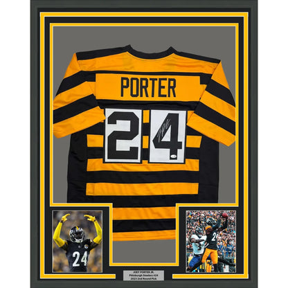 Framed Autographed Joey Porter Jr. 35x39 Pittsburgh Bumble Bee Football Jersey JSA COA | Hall of Fame Sports Memorabilia | vintageantiquesgifts.com