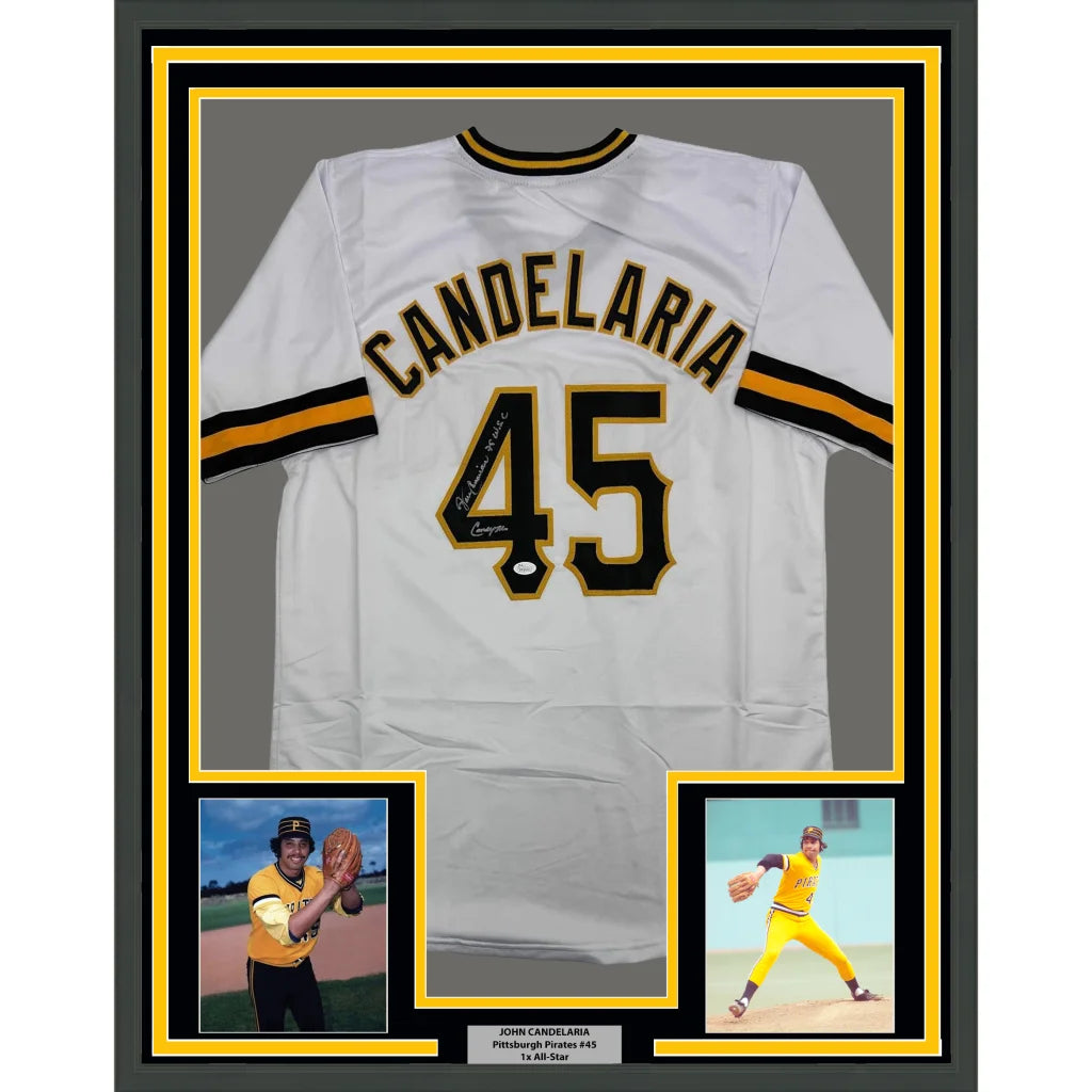 Framed Autographed John Candelaria 35x39 Pittsburgh White Baseball Jersey JSA COA | Hall of Fame Sports Memorabilia | vintageantiquesgifts.com