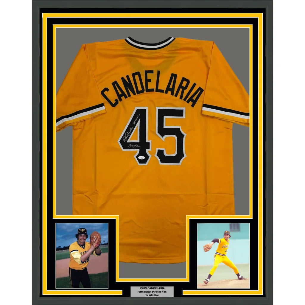 Framed Autographed John Candelaria 35x39 Pittsburgh Yellow Baseball Jersey JSA COA | Hall of Fame Sports Memorabilia | vintageantiquesgifts.com