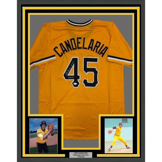 Framed Autographed John Candelaria 35x39 Pittsburgh Yellow Baseball Jersey JSA COA | Hall of Fame Sports Memorabilia | vintageantiquesgifts.com
