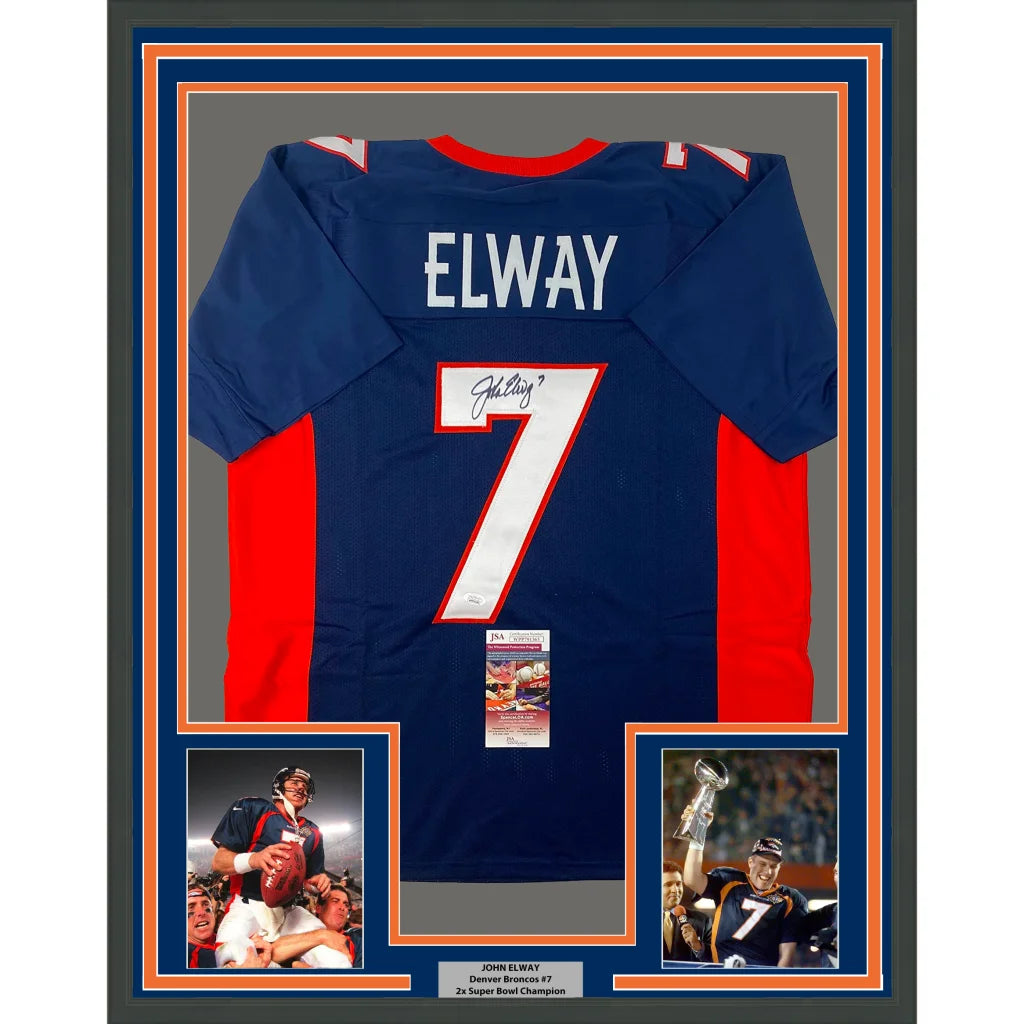 Framed autographed blue and red Denver Broncos football jersey with Elway 7 signed by John Elway with JSA COA