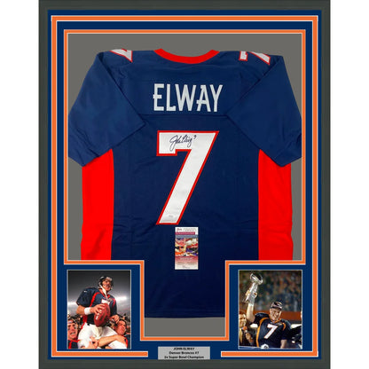 Framed autographed blue and red Denver Broncos football jersey with Elway 7 signed by John Elway with JSA COA