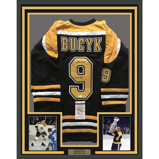 Framed Autographed John Johnny Bucyk HOF 1981 35x39 Boston Black Hockey Jersey JSA COA | Hall of Fame Sports Memorabilia | vintageantiquesgifts.com