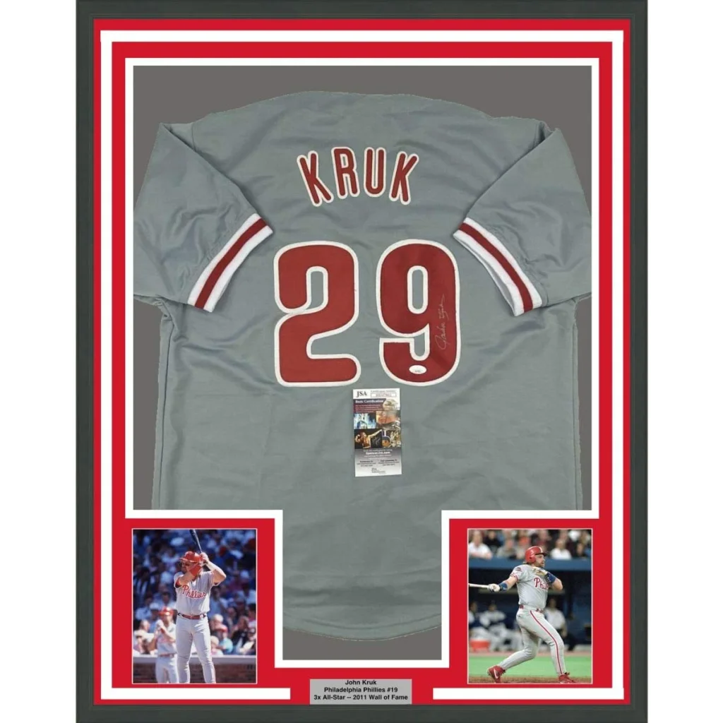 Framed Autographed John Kruk 35x39 Philadelphia Grey Baseball Jersey JSA COA | Hall of Fame Sports Memorabilia | vintageantiquesgifts.com