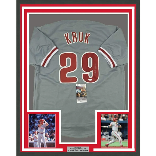 Framed Autographed John Kruk 35x39 Philadelphia Grey Baseball Jersey JSA COA | Hall of Fame Sports Memorabilia | vintageantiquesgifts.com
