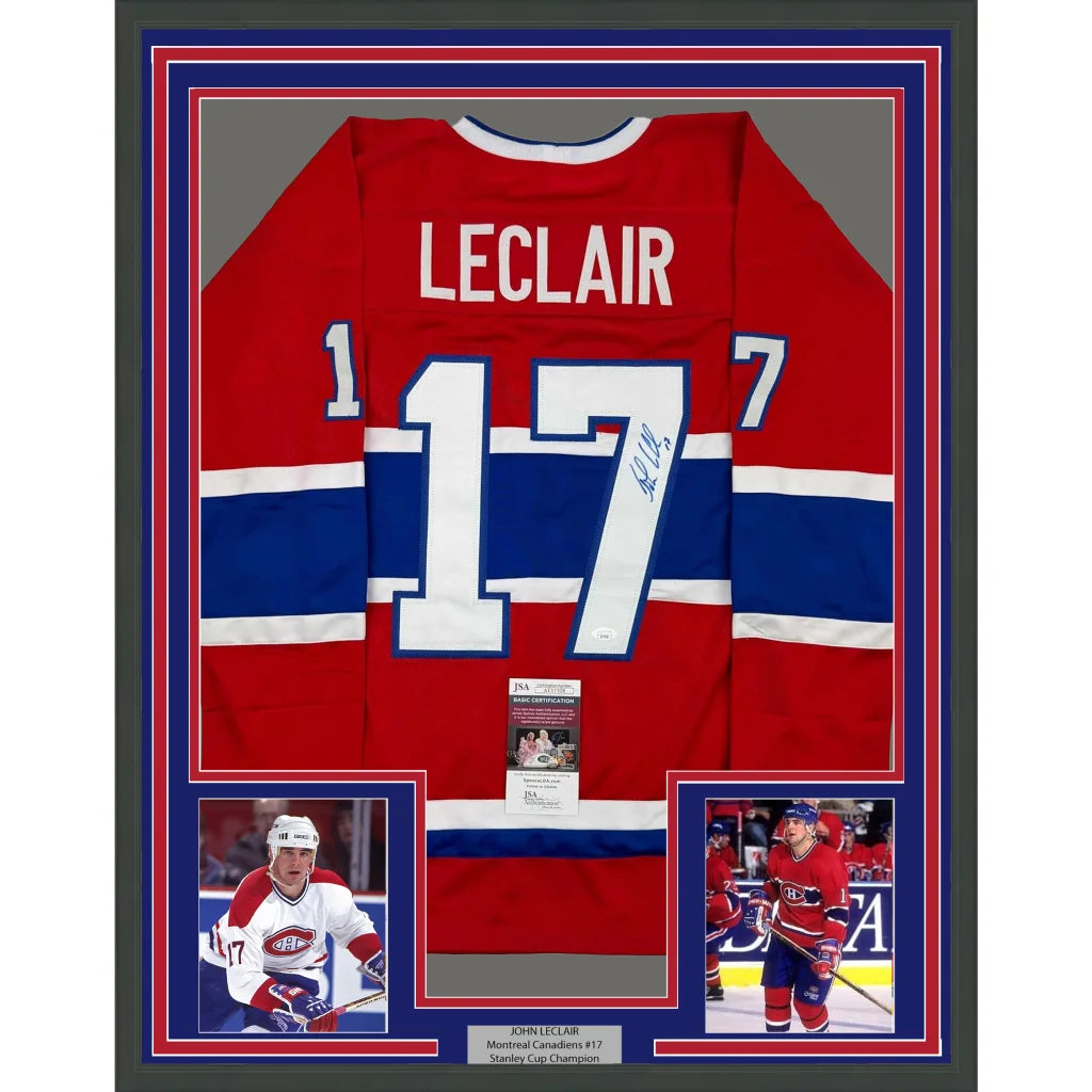 Framed Autographed John LeClair 35x39 Montreal Red Hockey Jersey JSA COA | Hall of Fame Sports Memorabilia | vintageantiquesgifts.com