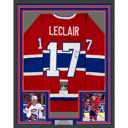 Framed Autographed John LeClair 35x39 Montreal Red Hockey Jersey JSA COA | Hall of Fame Sports Memorabilia | vintageantiquesgifts.com