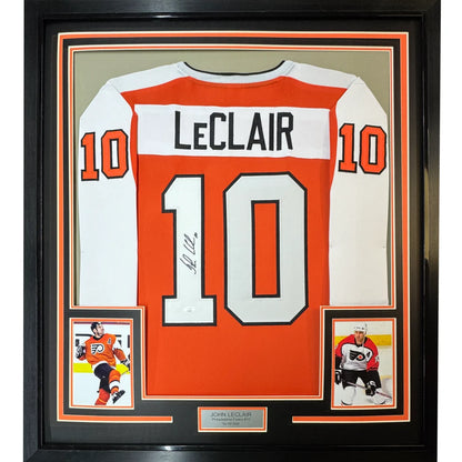 Framed Autographed John LeClair 35x39 Philadelphia Orange Hockey Jersey Beckett BAS COA | Hall of Fame Sports Memorabilia | vintageantiquesgifts.com