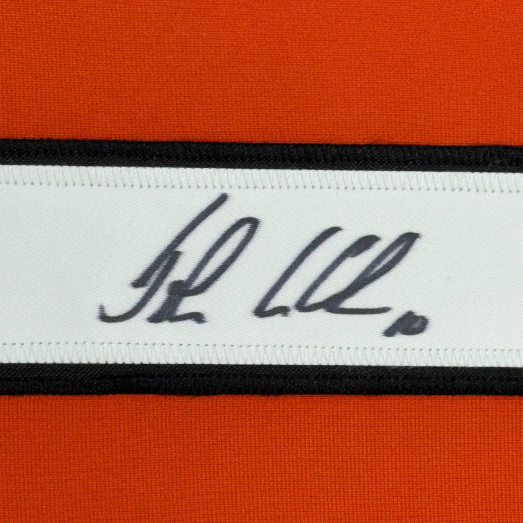 Framed Autographed John LeClair 35x39 Philadelphia Orange Hockey Jersey Beckett BAS COA | Certified Authentic Signed Memorabilia | vintageantiquesgifts.com