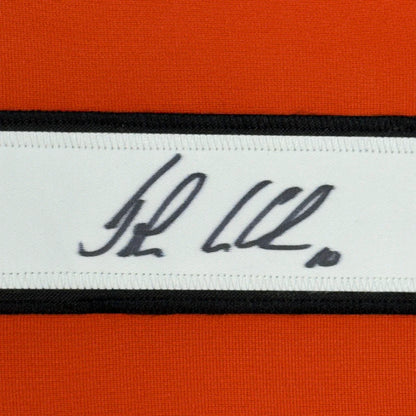 Framed Autographed John LeClair 35x39 Philadelphia Orange Hockey Jersey Beckett BAS COA | Certified Authentic Signed Memorabilia | vintageantiquesgifts.com