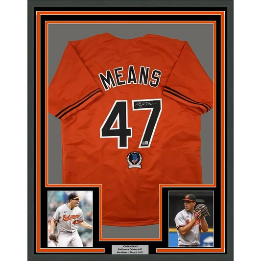Framed Baltimore Orioles John Means #47 autographed jersey for your man cave in baltimore orange