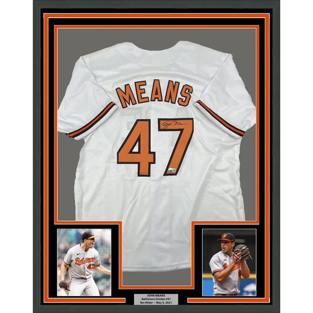 Framed Autographed John Means 35x39 Baltimore White Baseball Jersey Beckett BAS COA | Hall of Fame Sports Memorabilia | vintageantiquesgifts.com