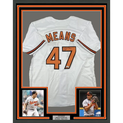 Framed Autographed John Means 35x39 Baltimore White Baseball Jersey Beckett BAS COA | Hall of Fame Sports Memorabilia | vintageantiquesgifts.com