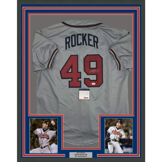 Framed Autographed John Rocker 35x39 Atlanta Grey Baseball Jersey PSA/DNA COA | Hall of Fame Sports Memorabilia | vintageantiquesgifts.com
