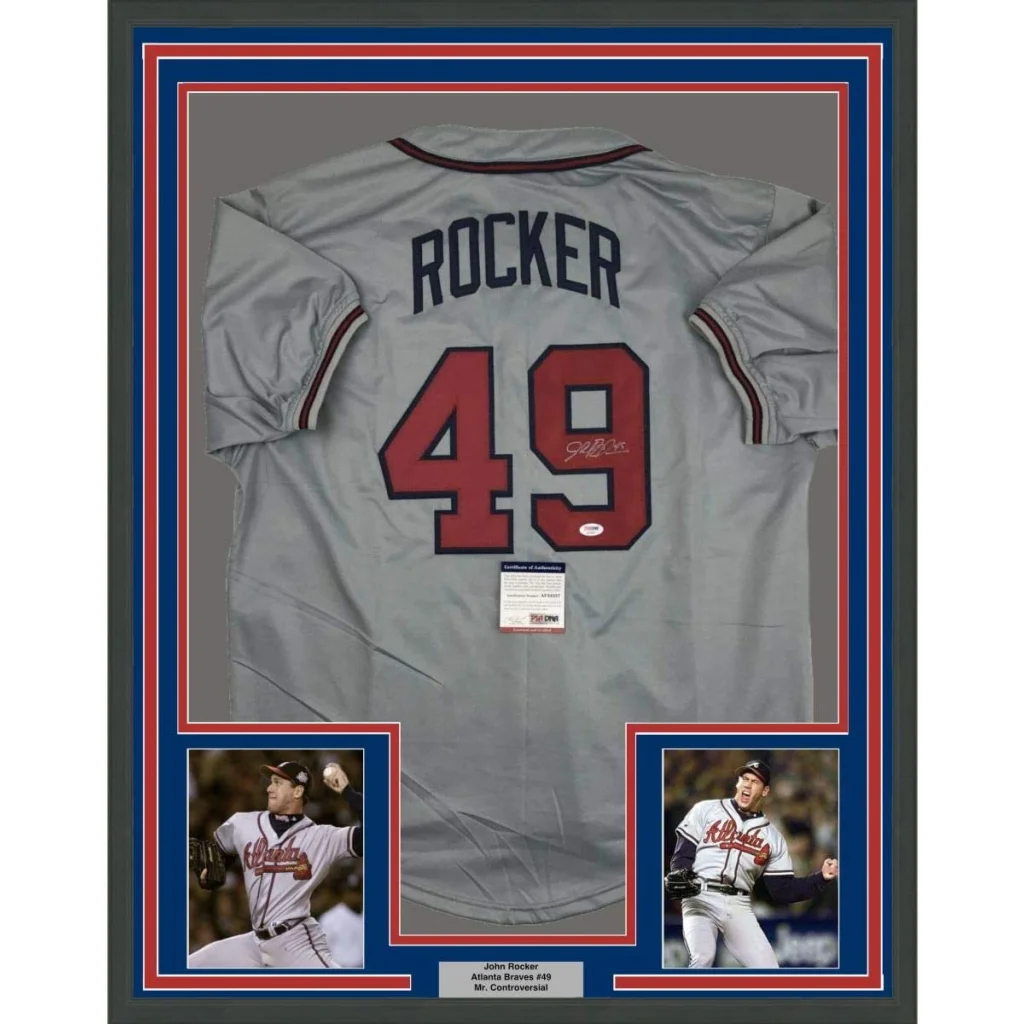 Framed John Rocker Atlanta Braves autographed jersey with player photos display