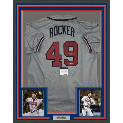 Framed John Rocker Atlanta Braves autographed jersey with player photos display