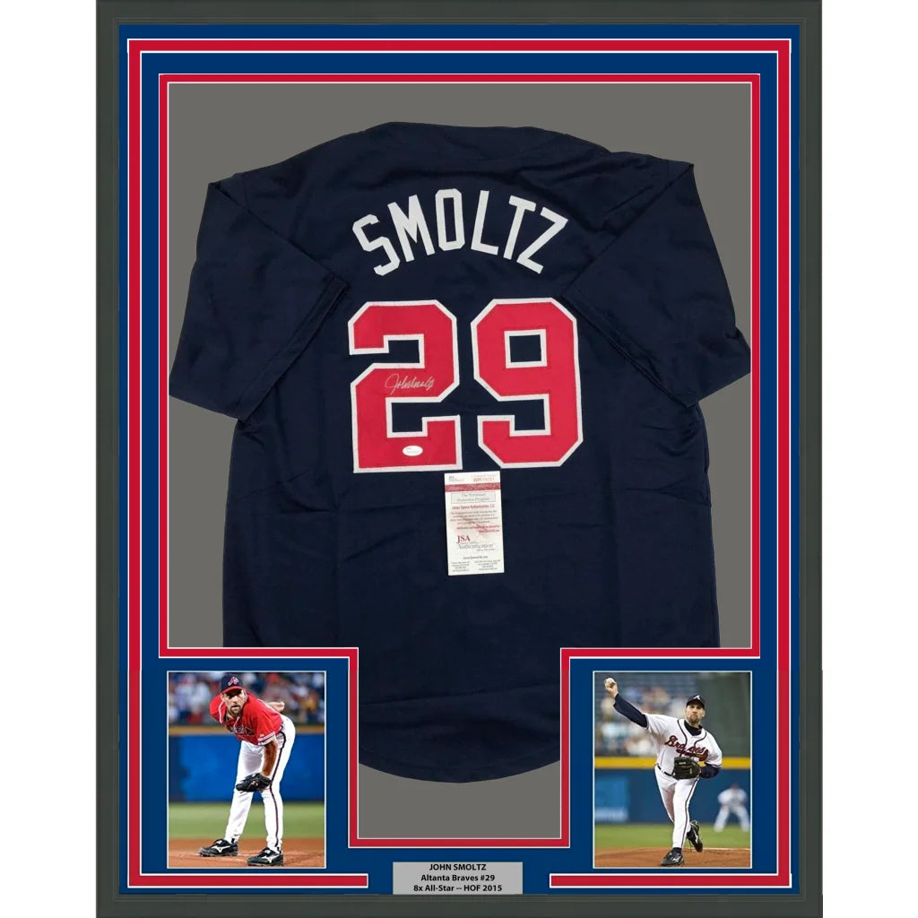 Framed John Smoltz signed Atlanta blue baseball jersey with photos, perfect for fans