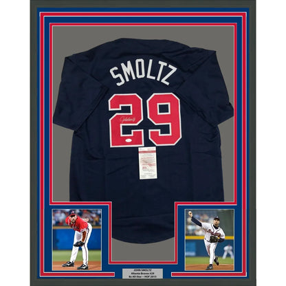 Framed John Smoltz signed Atlanta blue baseball jersey with photos, perfect for fans