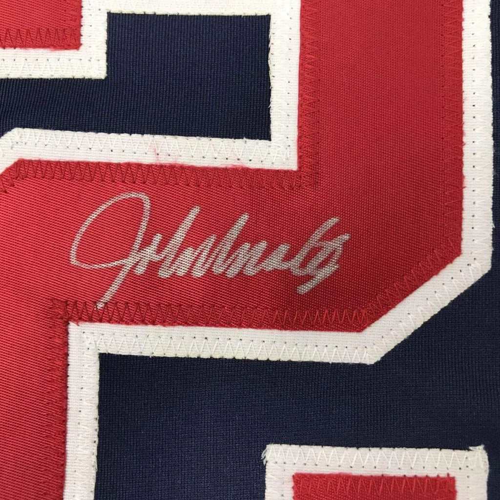 Framed autographed John Smoltz Atlanta blue baseball jersey with JSA COA
