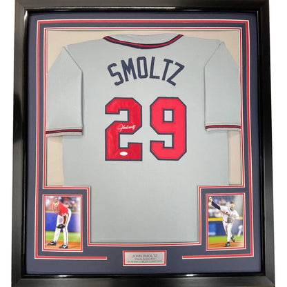 Framed Autographed John Smoltz 35x39 Atlanta Grey Baseball Jersey JSA COA | Hall of Fame Sports Memorabilia | vintageantiquesgifts.com