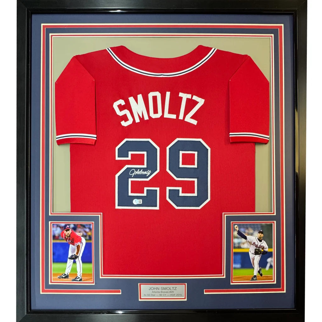 Framed Autographed John Smoltz 35x39 Atlanta Red Baseball Jersey Beckett BAS COA | Hall of Fame Sports Memorabilia | vintageantiquesgifts.com