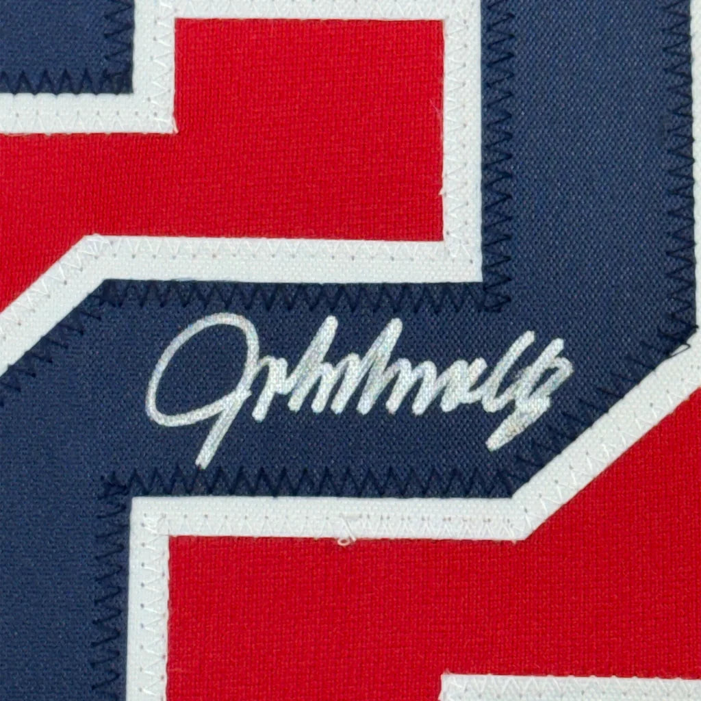 Framed Autographed John Smoltz 35x39 Atlanta Red Baseball Jersey Beckett BAS COA | Certified Authentic Signed Memorabilia | vintageantiquesgifts.com