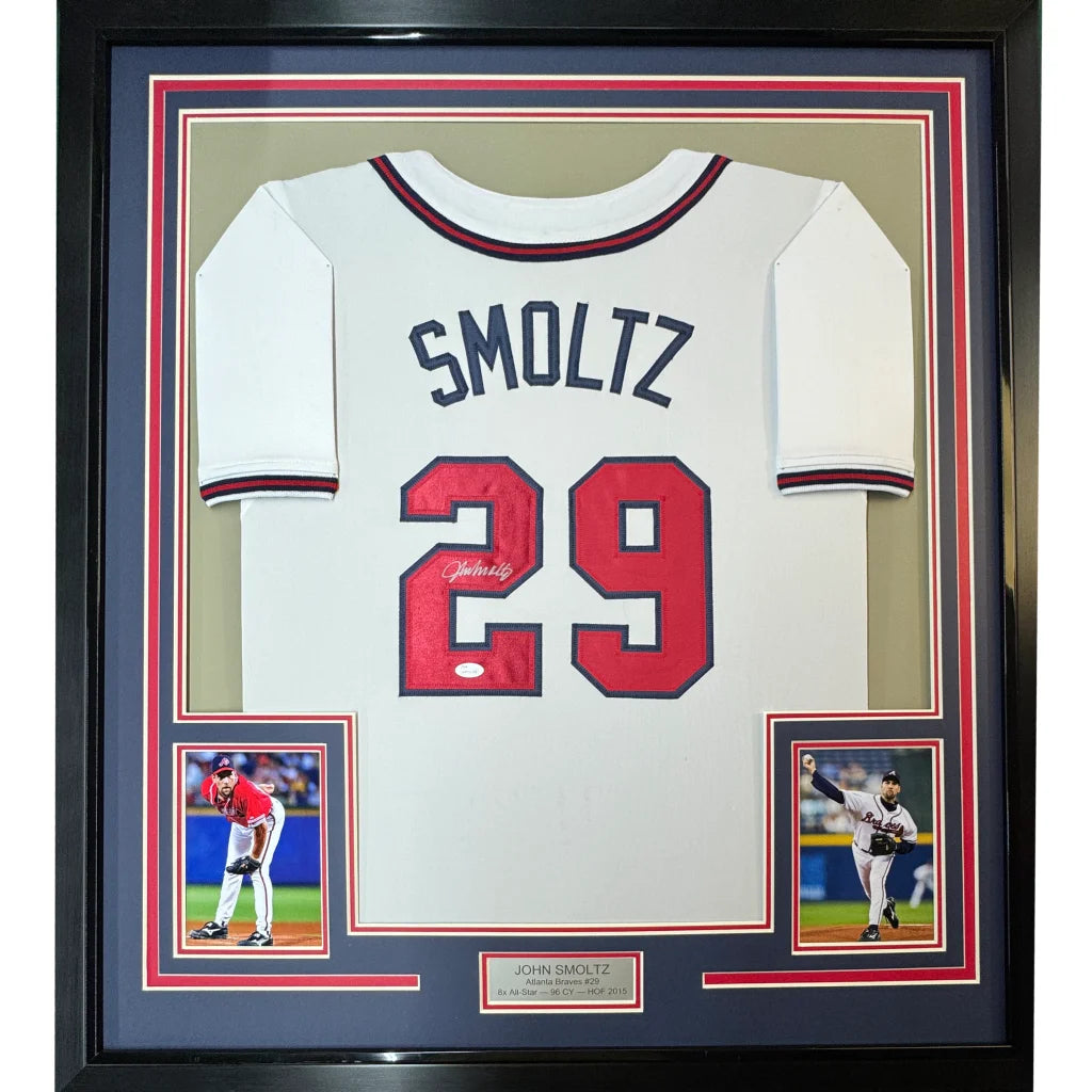 Framed Autographed John Smoltz 35x39 Atlanta White Baseball Jersey JSA COA | Hall of Fame Sports Memorabilia | vintageantiquesgifts.com