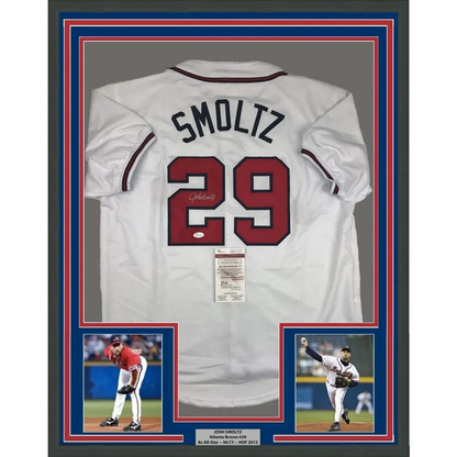 Framed John Smoltz signed Atlanta Braves jersey with photos and certification for display