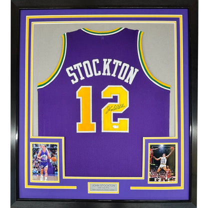 Framed Autographed John Stockton 35x39 Utah Purple Basketball Jersey Beckett BAS COA | Hall of Fame Sports Memorabilia | vintageantiquesgifts.com