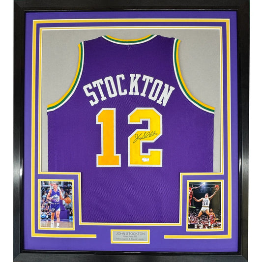 Framed Autographed John Stockton 35x39 Utah Purple Basketball Jersey Beckett BAS COA | Hall of Fame Sports Memorabilia | vintageantiquesgifts.com