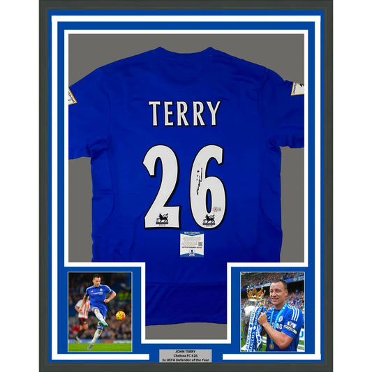 Framed blue Chelsea FC John Terry #26 signed jersey with photos and plaque