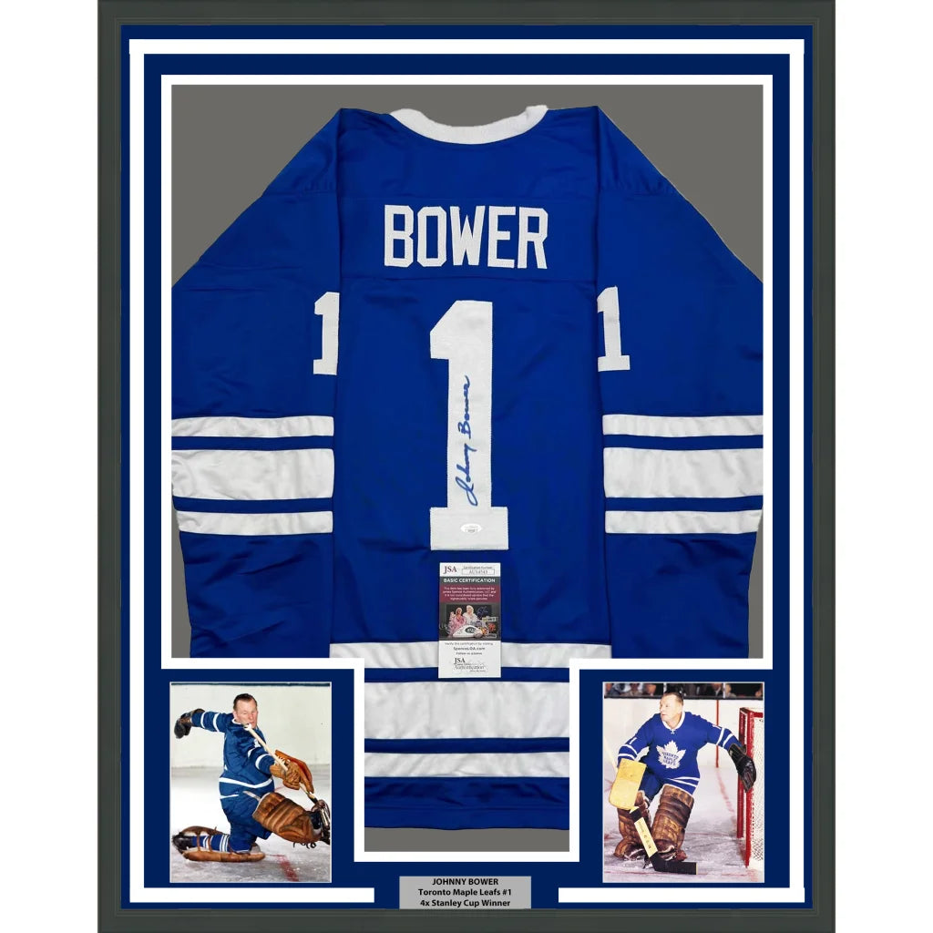 Framed Autographed Johnny Bower 35x39 Toronto Blue Hockey Jersey JSA COA | Hall of Fame Sports Memorabilia | vintageantiquesgifts.com
