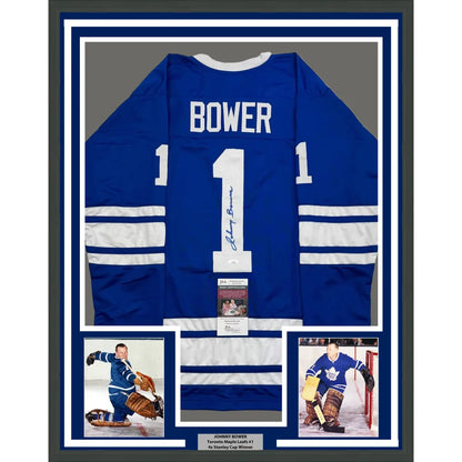 Framed Autographed Johnny Bower 35x39 Toronto Blue Hockey Jersey JSA COA | Hall of Fame Sports Memorabilia | vintageantiquesgifts.com
