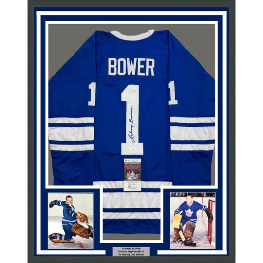 Framed Autographed Johnny Bower 35x39 Toronto Blue Hockey Jersey JSA COA | Hall of Fame Sports Memorabilia | vintageantiquesgifts.com