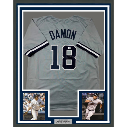 Framed Autographed Johnny Damon 35x39 New York Grey Baseball Jersey Beckett BAS COA | Hall of Fame Sports Memorabilia | vintageantiquesgifts.com