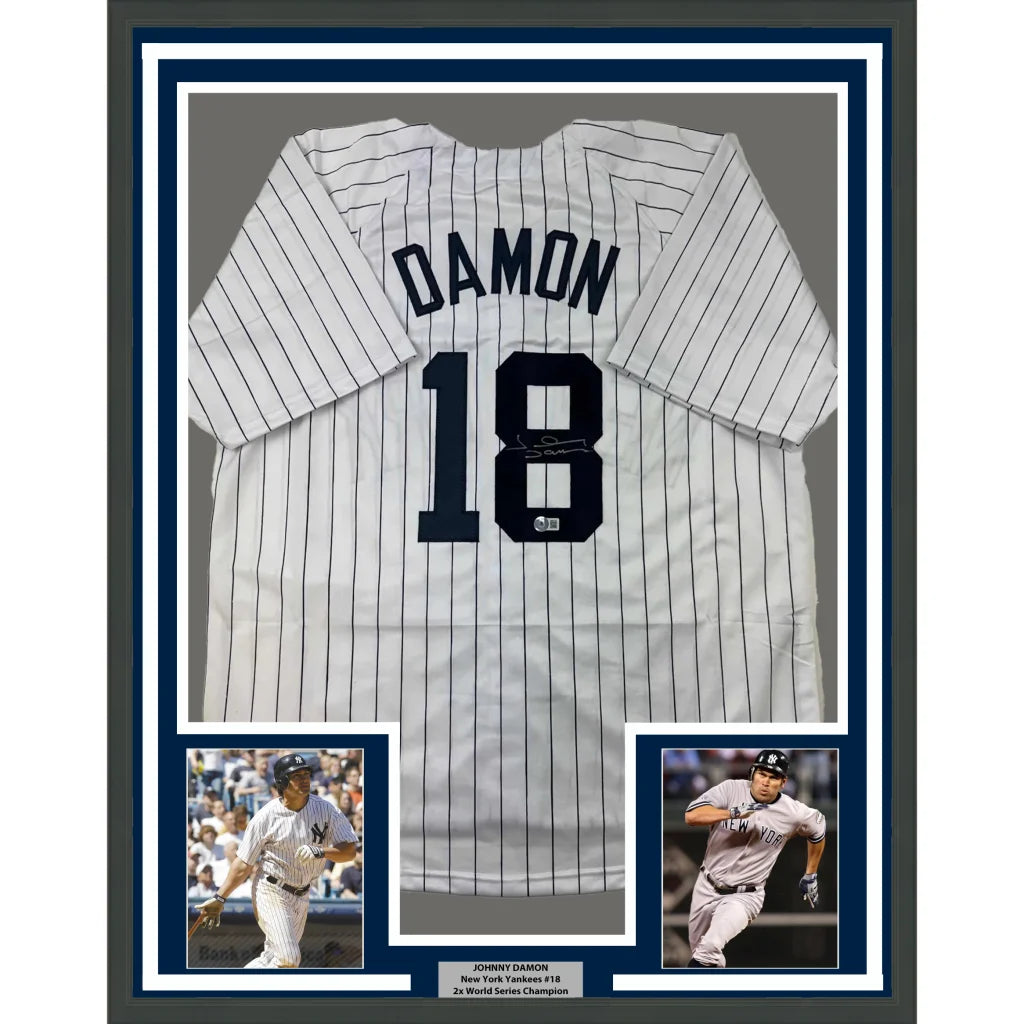 Framed Autographed Johnny Damon 35x39 New York Pinstripe Baseball Jersey Beckett BAS COA | Hall of Fame Sports Memorabilia | vintageantiquesgifts.com