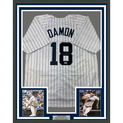 Framed Autographed Johnny Damon 35x39 New York Pinstripe Baseball Jersey Beckett BAS COA | Hall of Fame Sports Memorabilia | vintageantiquesgifts.com
