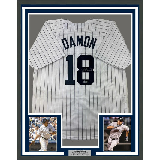 Framed Autographed Johnny Damon 35x39 New York Pinstripe Baseball Jersey Beckett BAS COA | Hall of Fame Sports Memorabilia | vintageantiquesgifts.com