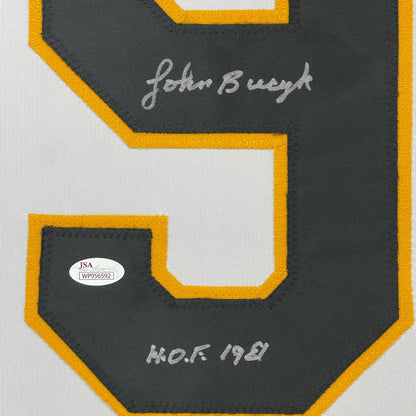 White Johnny Bucyk HOF jersey with signature, black and gold number 9, perfect for your man cave