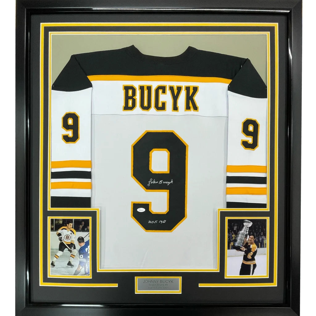 Framed Autographed Johnny John Bucyk HOF 1981 35x39 Boston White Hockey Jersey JSA COA | Hall of Fame Sports Memorabilia | vintageantiquesgifts.com