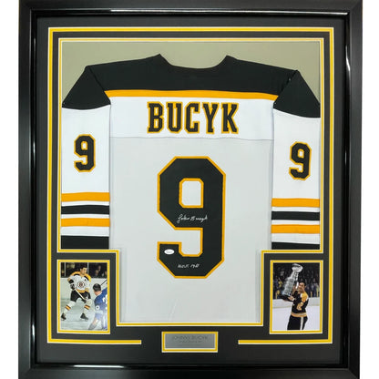 Framed Autographed Johnny John Bucyk HOF 1981 35x39 Boston White Hockey Jersey JSA COA | Hall of Fame Sports Memorabilia | vintageantiquesgifts.com