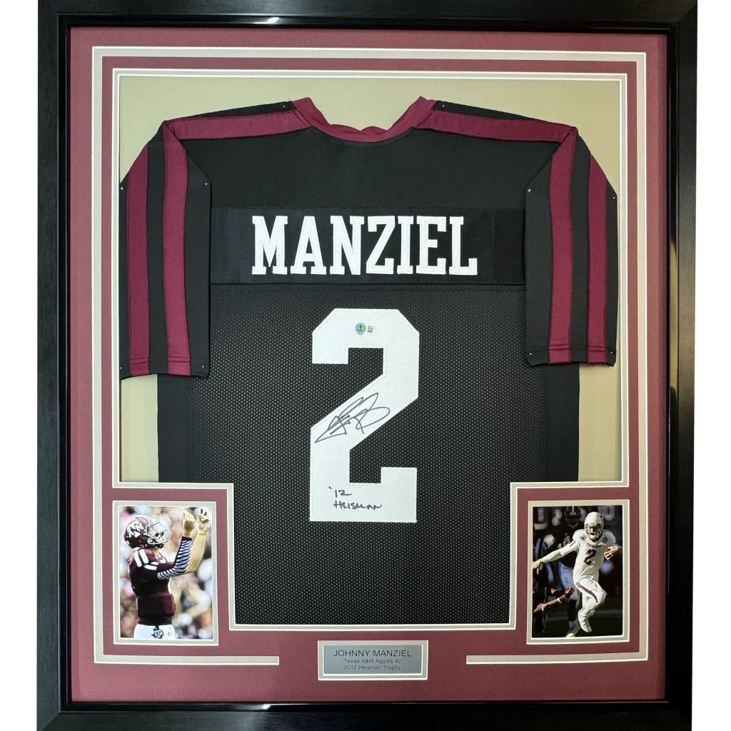 Framed autographed black and maroon texas a&m football jersey with white number 2 signed by Johnny Manziel with JSA COA