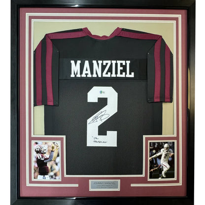 Framed autographed black and maroon texas a&m football jersey with white number 2 signed by Johnny Manziel with JSA COA