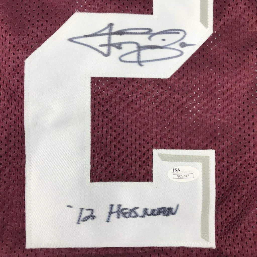 Framed Autographed Johnny Manziel 12 Heisman 35x39 Texas A&M Maroon College Football Jersey JSA COA | Certified Authentic Signed Memorabilia | vintageantiquesgifts.com