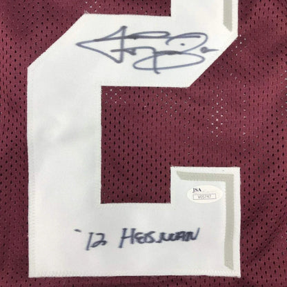 Framed Autographed Johnny Manziel 12 Heisman 35x39 Texas A&M Maroon College Football Jersey JSA COA | Certified Authentic Signed Memorabilia | vintageantiquesgifts.com