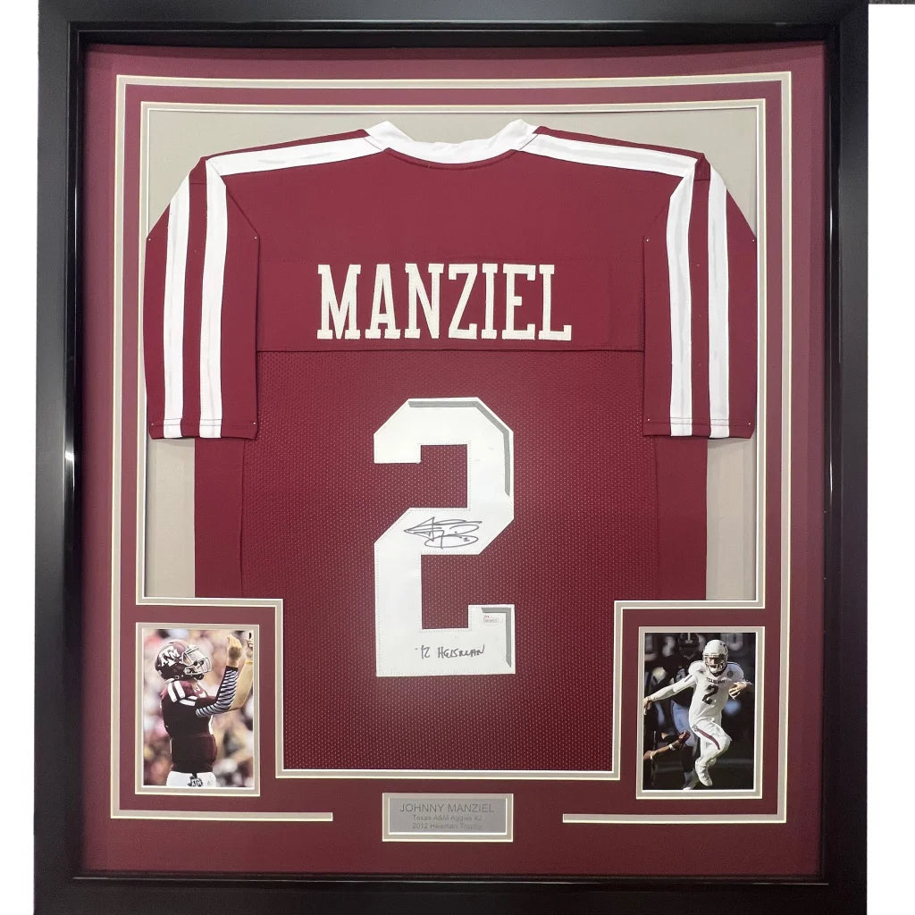Framed Autographed Johnny Manziel 12 Heisman 35x39 Texas A&M Maroon College Football Jersey JSA COA | Hall of Fame Sports Memorabilia | vintageantiquesgifts.com